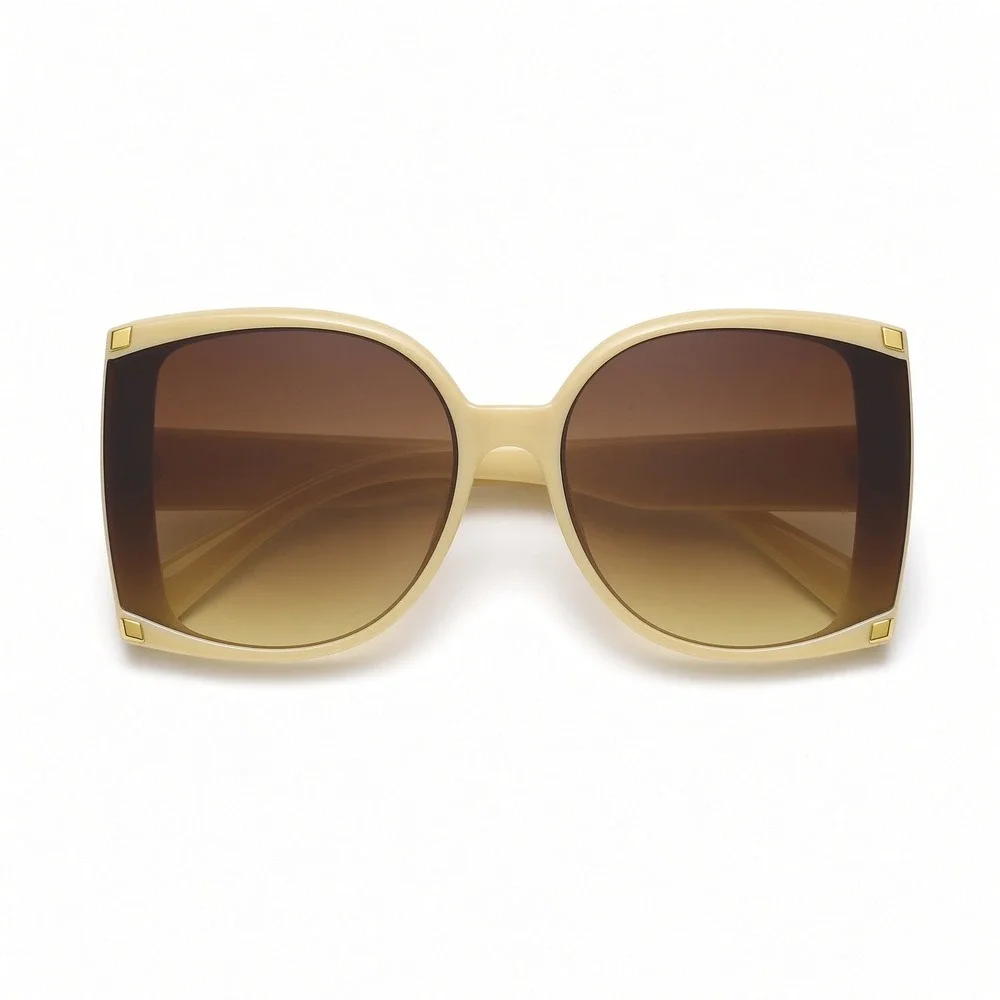 Womens Oversized Square Sunglasses Cream Beige Frame Gradient Brown Lens Retro